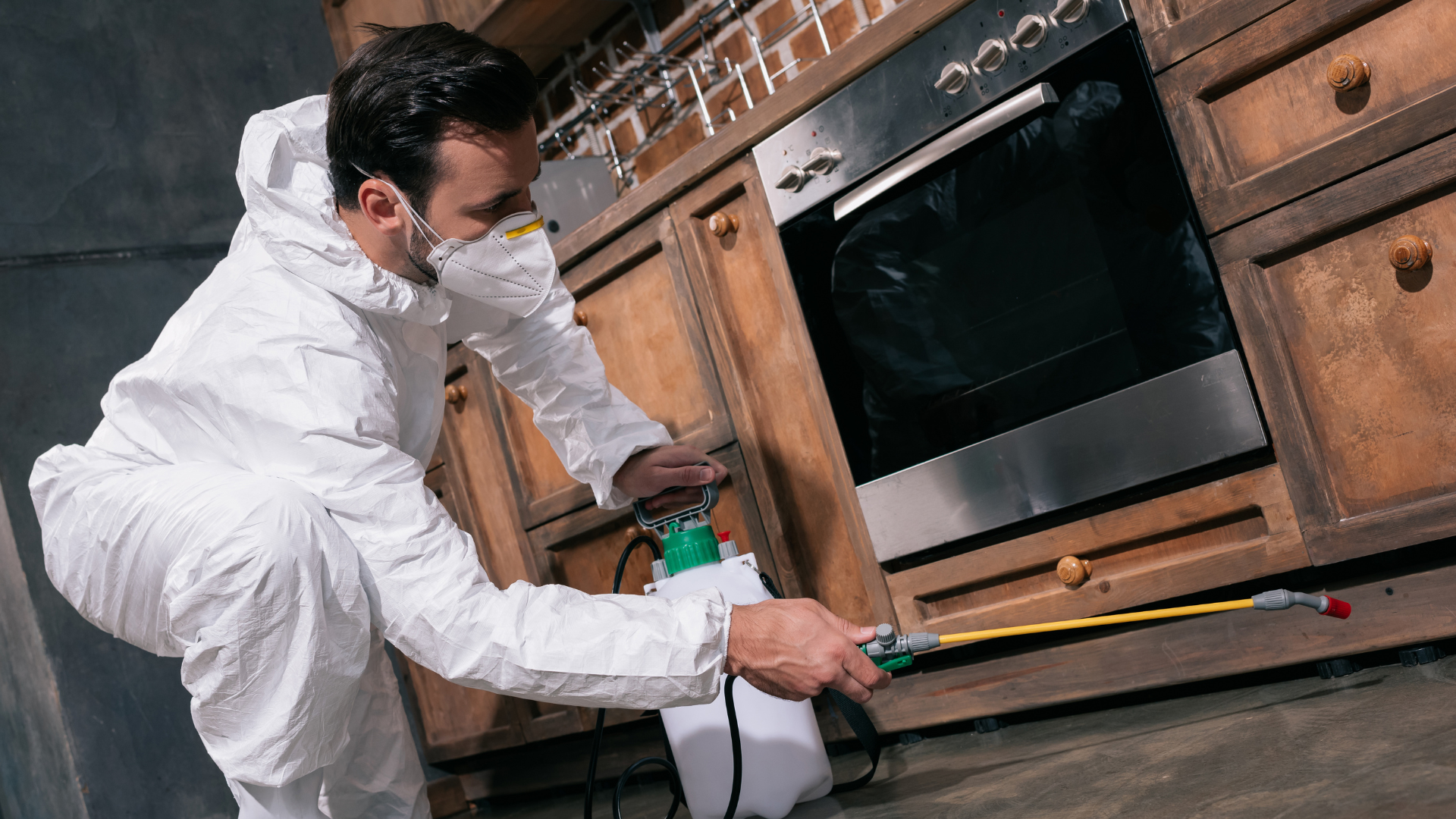 Pest control technician spraying insecticide in a commercial kitchen, targeting pests under wooden cabinets.