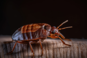 Close-up image of a reddish-brown adult bed bug crawling on wooden furniture.